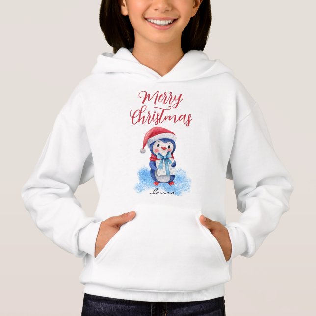 Merry Christmas Penguin Name, Youth XS - XL Hoodie (Front)