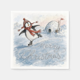 Merry Christmas Penguin on Ice Skates Napkins