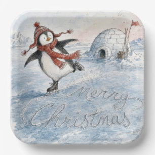 Merry Christmas Penguin on Ice Skates Paper Plates