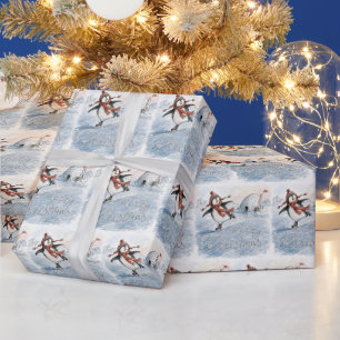 Merry Christmas Penguin on Ice Skates Wrapping Paper