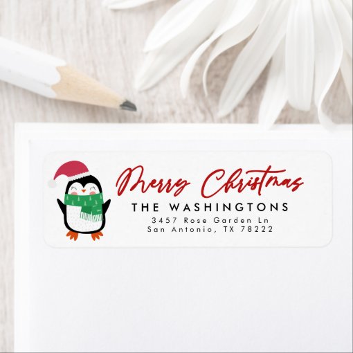 Merry Christmas Penguin Return Address Label Zazzle