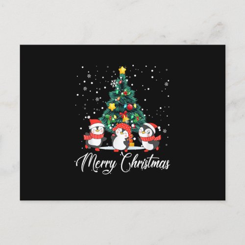 Merry Christmas Penguin Santa Hat Tree Lights Xmas Postcard