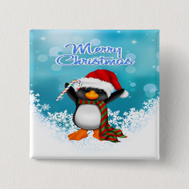 Merry Christmas Penguin Square Button (Front)