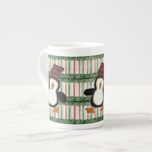 Merry Christmas Penguin Stripe  Bone China Mug