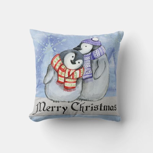 Merry Christmas Penguin Throw Pillow