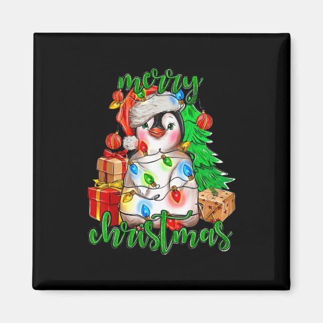 Merry Christmas Penguin Tree Lights Santa Hat Funn Magnet (Front)