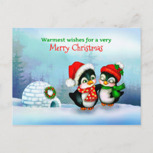 Merry Christmas Penguins and Igloo in Snow Holiday Postcard