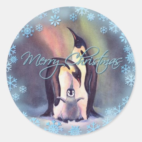 MERRY CHRISTMAS PENGUINS by SHARON SHARPE Classic Round Sticker