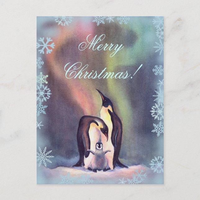 MERRY CHRISTMAS PENGUINS by SHARON SHARPE Holiday Postcard (Front)