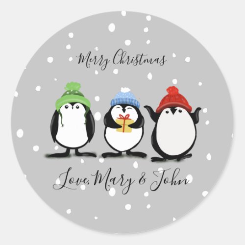 merry christmas penguins classic round sticker