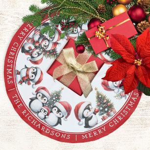 Merry Christmas Penguins Family Name White and Red Brushed Polyester Tree Skirt
