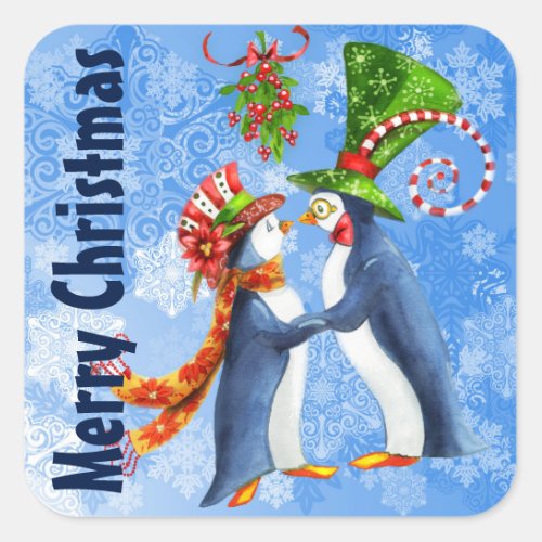 Merry Christmas Penguins in Love Under Mistletoe Square Sticker