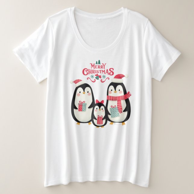 Merry Christmas Penguins Plus Size T-Shirt (Design Front)