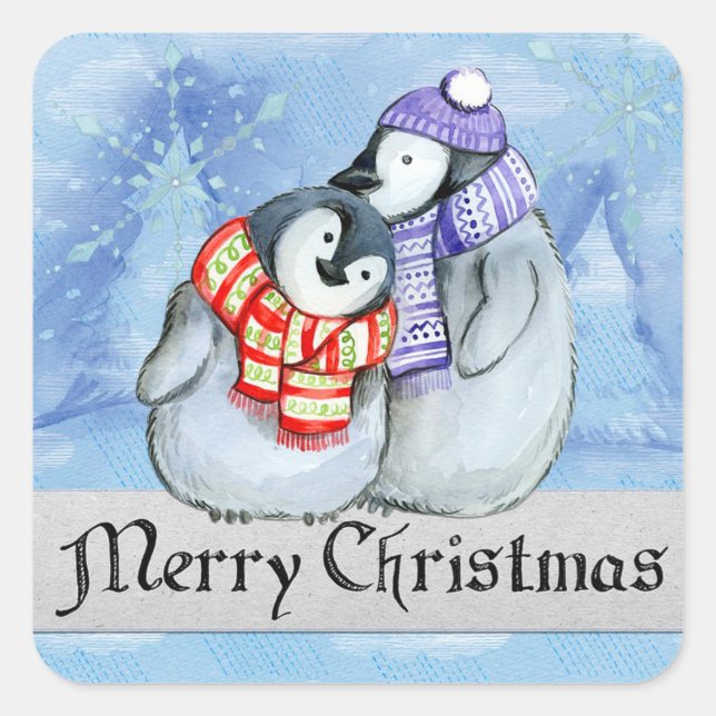 Merry Christmas Penguins Square Sticker (Front)