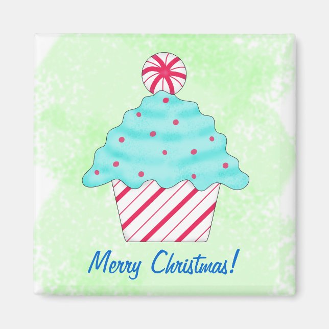 Merry Christmas Peppermint Cupcake Art Green Magnet (Front)