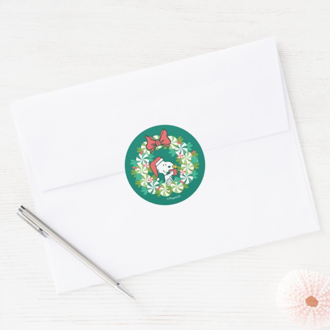 Merry Christmas Peppermint Holiday Wreath Classic Round Sticker (Envelope)