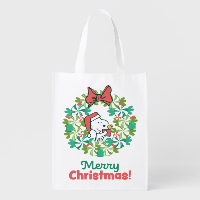 Merry Christmas Peppermint Holiday Wreath Grocery Bag (Front)