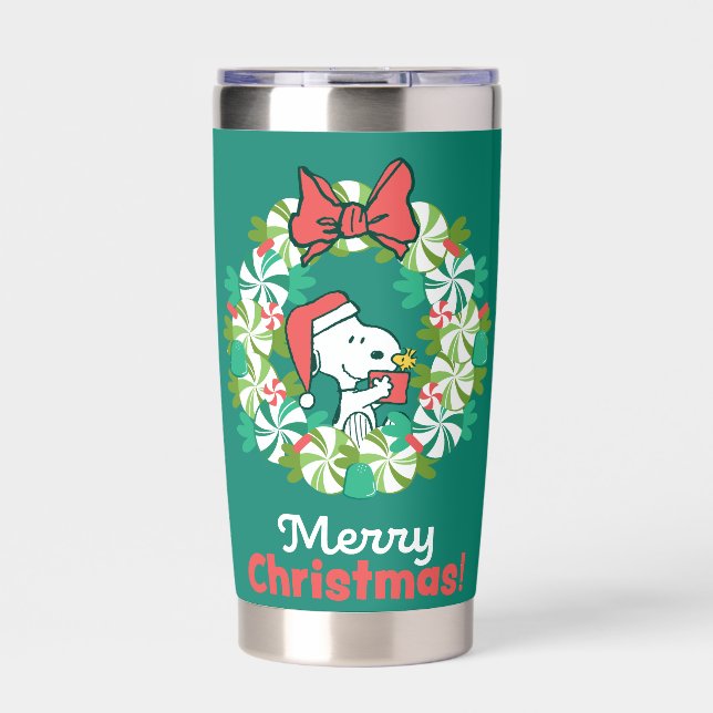 Merry Christmas Peppermint Holiday Wreath Insulated Tumbler (Front)