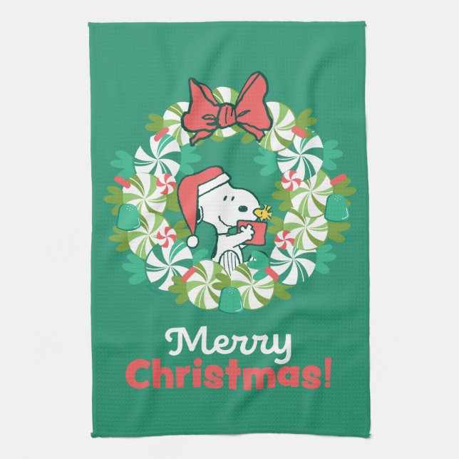 Merry Christmas Peppermint Holiday Wreath Kitchen Towel (Vertical)