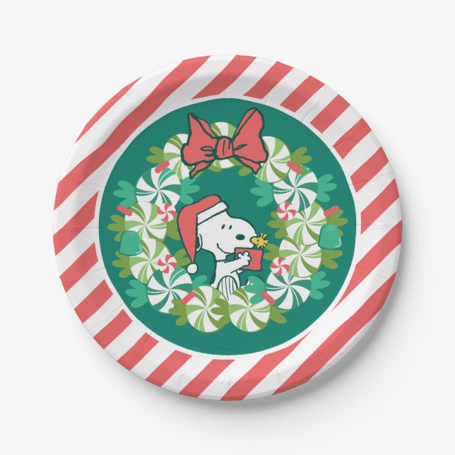 Merry Christmas Peppermint Holiday Wreath Paper Plates (Front)
