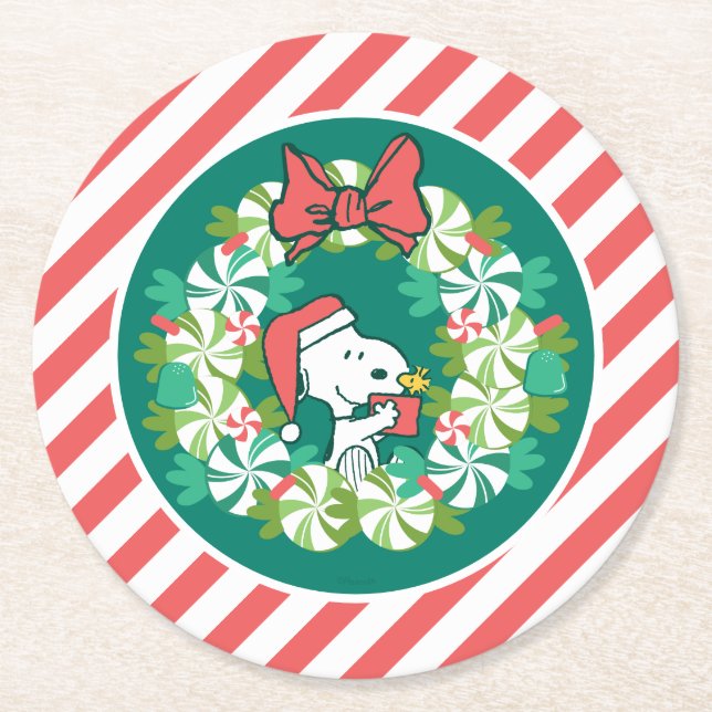 Merry Christmas Peppermint Holiday Wreath Round Paper Coaster (Front)