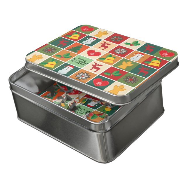 Merry Christmas Personalize Name Sturdy Tin Jigsaw Puzzle (Lid Open)