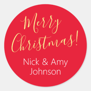 "Merry Christmas" Personalize Names/Red Classic Round Sticker