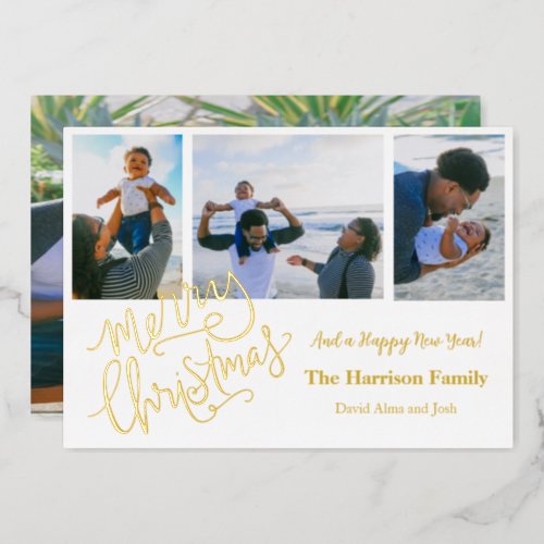 Merry Christmas Personalized 4 Photo Gold Foil Holiday Card