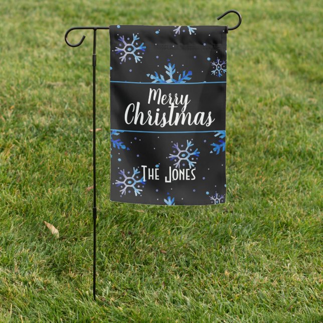 Merry Christmas Personalized | Blue Snowflakes Garden Flag (In SItu)
