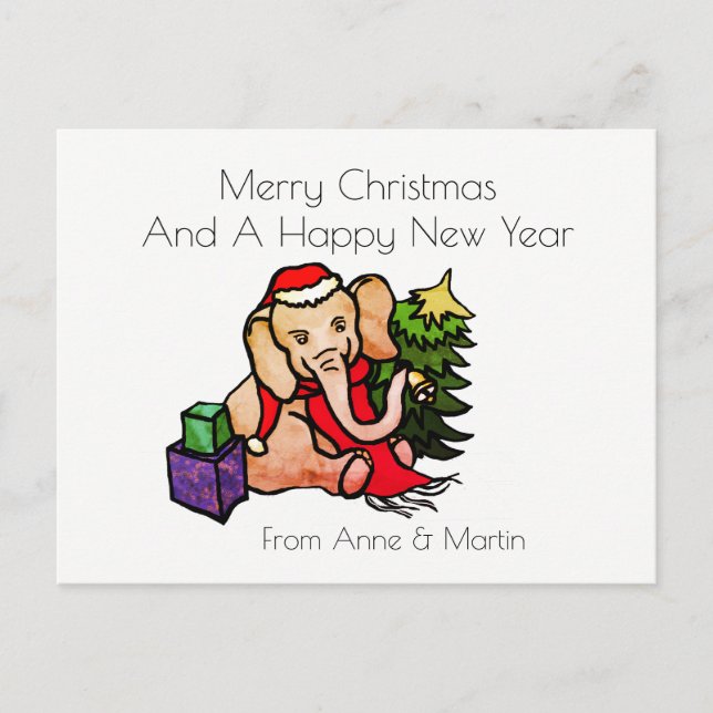 Merry Christmas Personalized Cute Cartoon Elephant Holiday Postcard (Front)