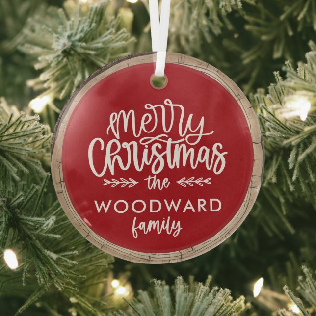 Merry Christmas Personalized Family Name Glass Ornament (Insitu)