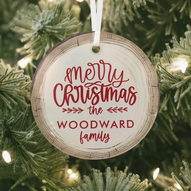 Merry Christmas Personalized Family Name Glass Ornament (Insitu)