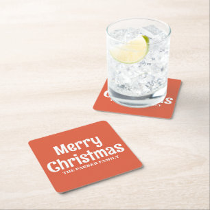 MERRY CHRISTMAS PERSONALIZED FAMILY NAME SIMPLE SQUARE PAPER COASTER