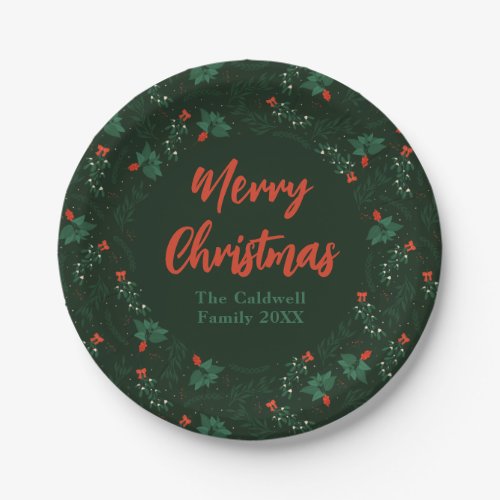 Merry Christmas Personalized Green Mistletoe Party Paper Plates