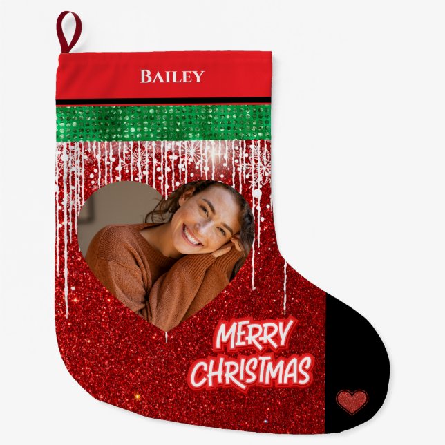 Merry Christmas Personalized Heart Photo and Name  Large Christmas Stocking (Front)