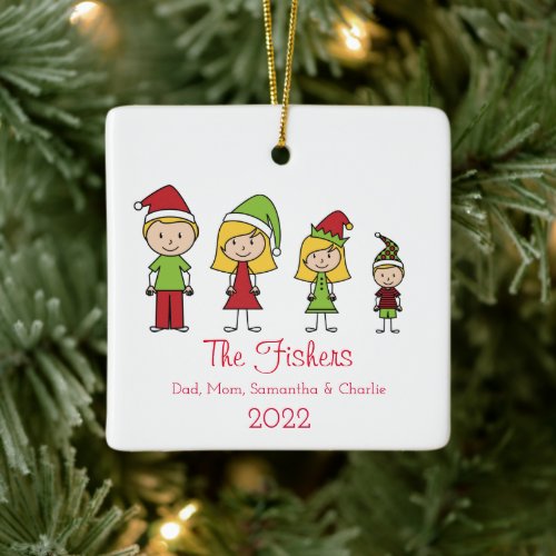 Merry Christmas Personalized Holiday Family of 4 Ceramic Ornament