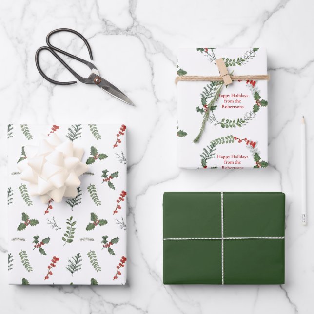 Merry Christmas Personalized Holiday Greenery Wrapping Paper Sheets (Front)