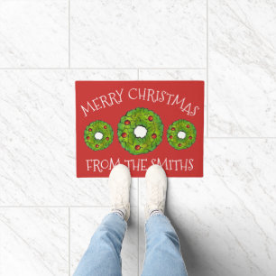 Merry Christmas Personalized Holly Wreath Holiday Doormat