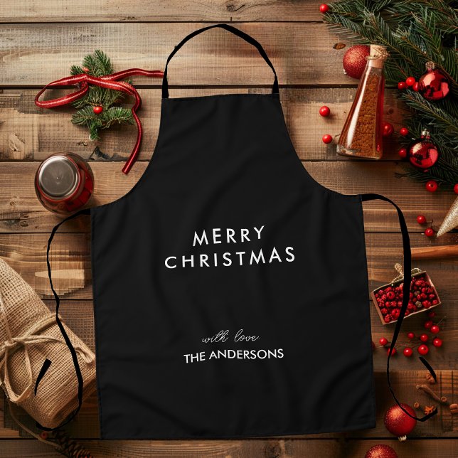 Merry Christmas Personalized Name Black Apron (Creator Uploaded)
