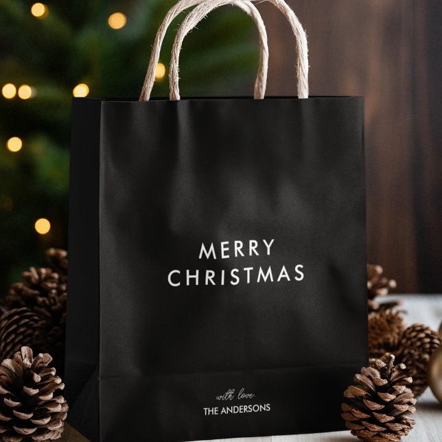 Merry Christmas Personalized Name Black  Medium Gift Bag (Creator Uploaded)