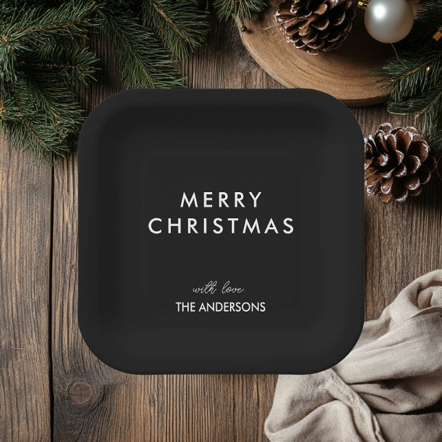 Merry Christmas Personalized Name Black Paper Plates (Creator Uploaded)