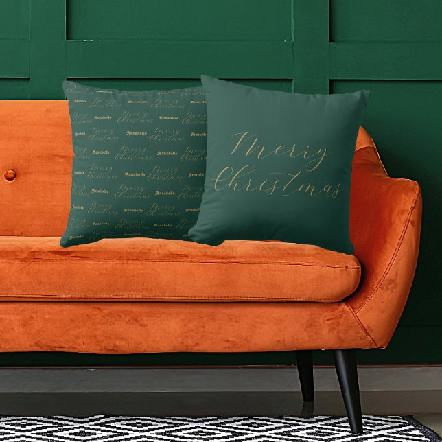 Merry Christmas Personalized Name Green Throw Pillow (Front And Back)