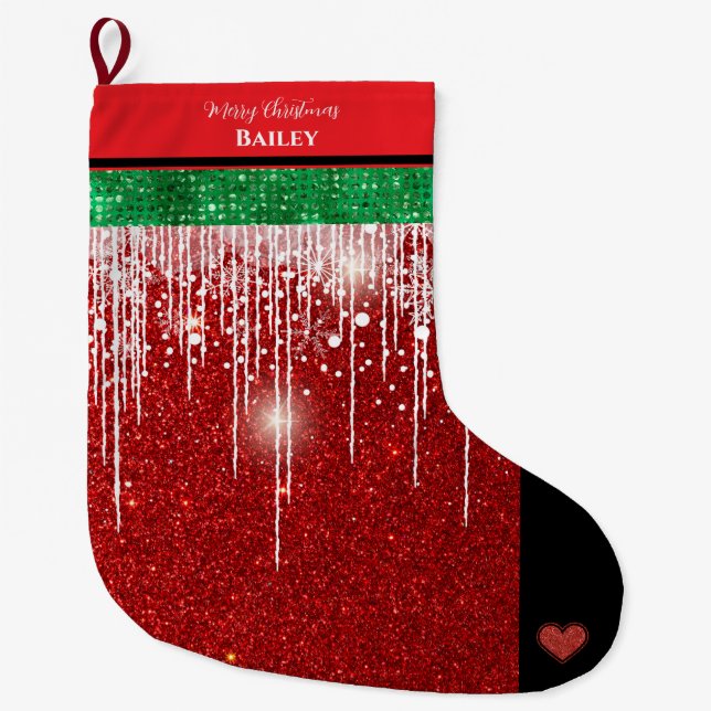 Merry Christmas Personalized Name Red and Green  Large Christmas Stocking (Front)