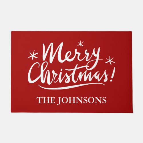 Merry Christmas personalized name red Holiday Doormat