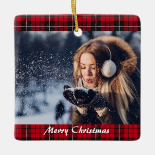 Merry Christmas Personalized Photo Buffalo Plaid Ceramic Ornament