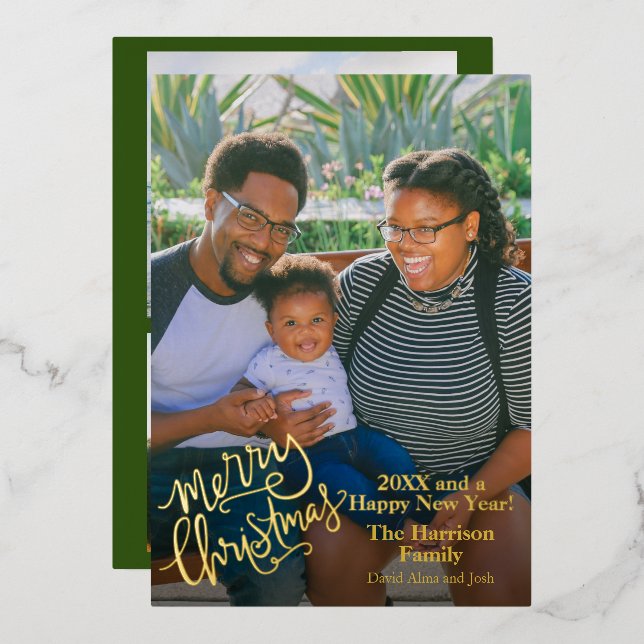 Merry Christmas Personalized Photo Gold  Foil Holiday Card (Front/Back)