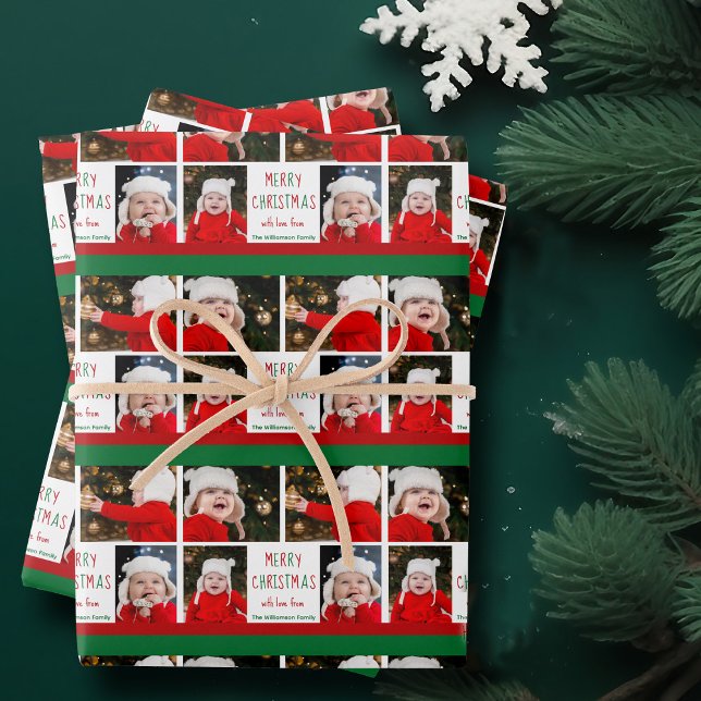 Merry Christmas Personalized Photo Red Green Wrapping Paper Sheets (Creator Uploaded)