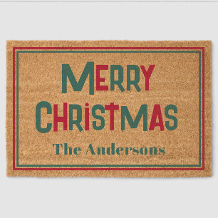 Merry Christmas Personalized Pine Green & Red Fiber Doormat