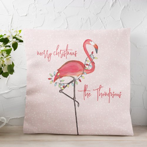 Merry Christmas Personalized Pink Flamingo Throw Pillow