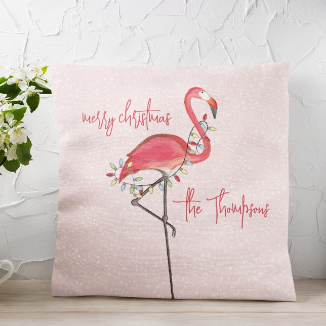 Merry Christmas Personalized Pink Flamingo Throw Pillow (Christmas "Merry Christmas" cute whimsical pink flamingo throw pillow)